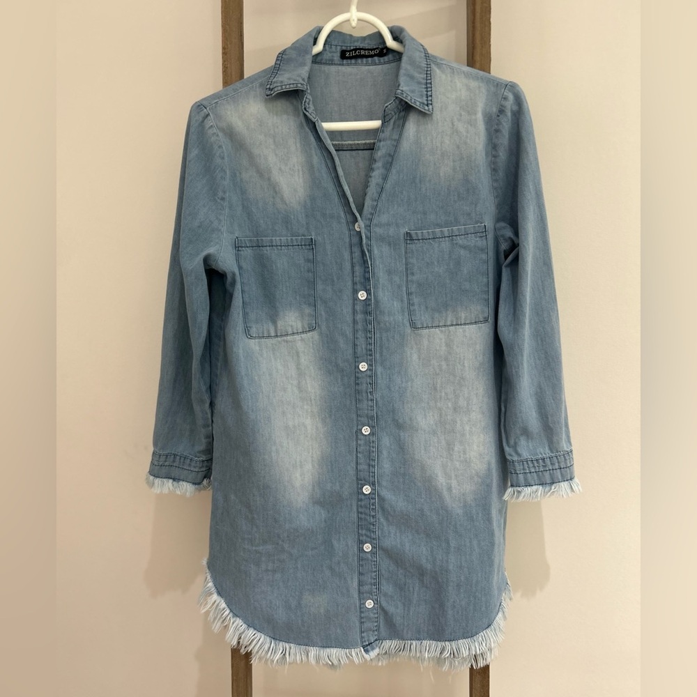 Zilcremo Light Blue Denim Shirt Dress Button Down Long Sleeve Fringe Size M